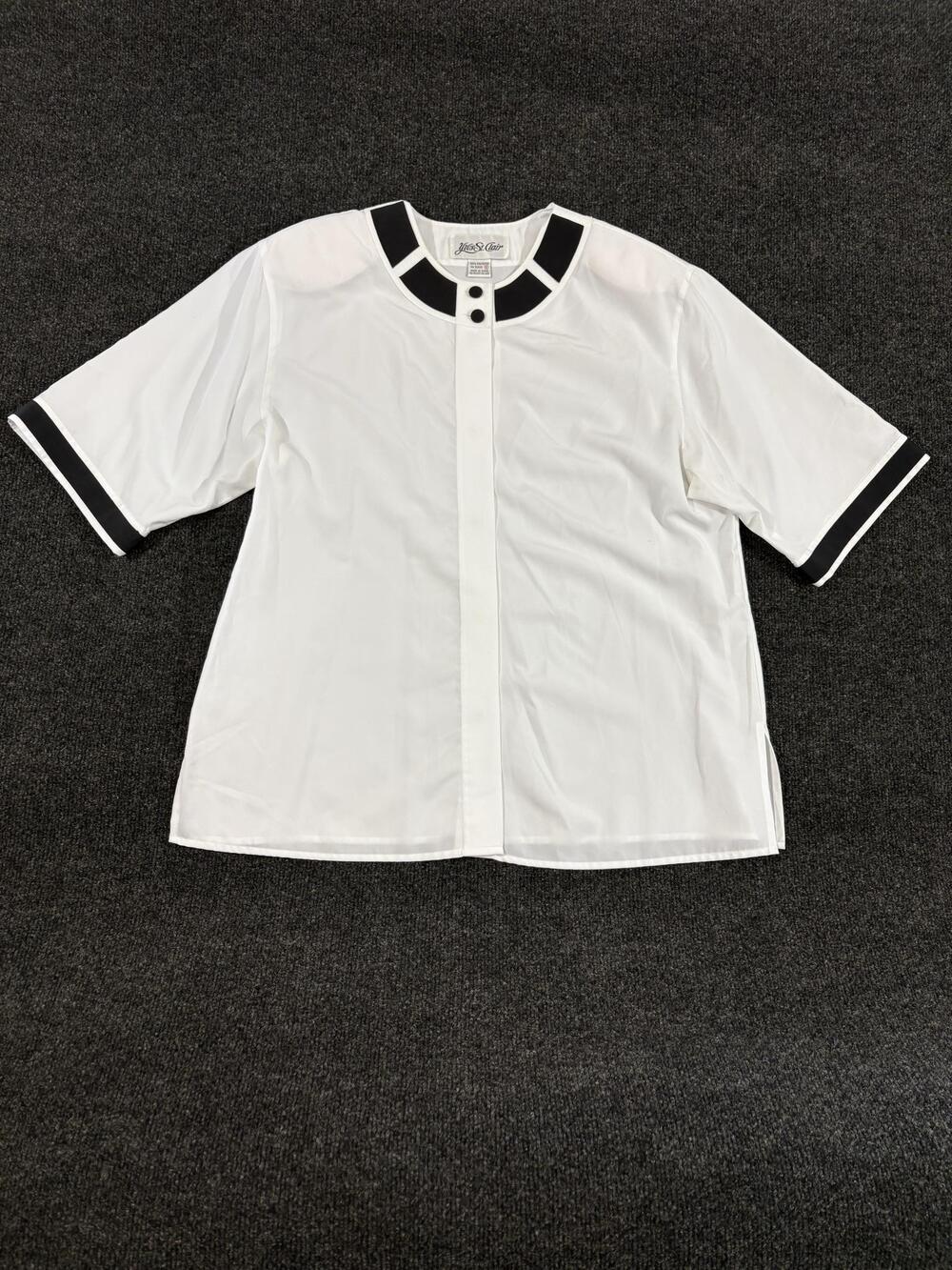Yves St. Clair Blouse Womens 16 White Black Colorblock Short Sleeve Button Top
